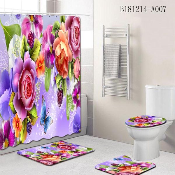 

shower curtains random pattern delivery colorful flowers printing bathroom waterproof curtain 4pcs set toilet cover non-slip mat