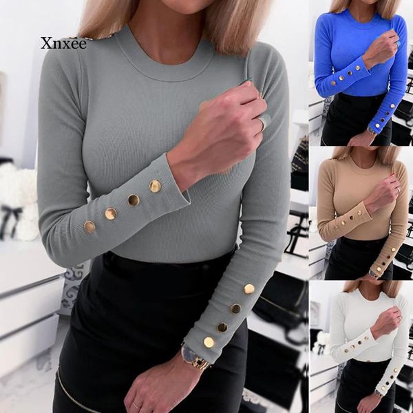 

women's t-shirt women long sleeve knitted sweater jumpers ladies button o-neck pullover slim t shirt spring autumn wear clothing, White