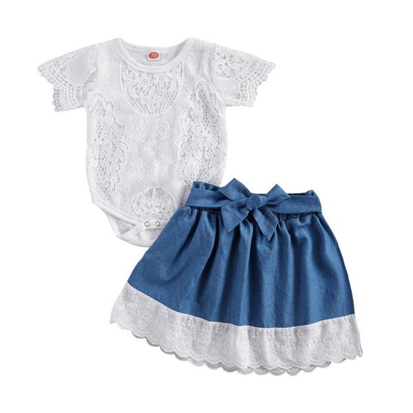 

0-24m infant baby girl summer outfits short sleeve floral lace bodysuit + tie knot front denim skirt 2pcs clothes set clothing sets, White