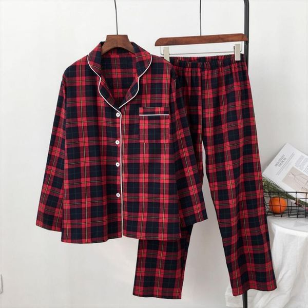 

autumn long sleeve pajamas lapels women sleepwear comfortable casual cotton red grid womens pajama set loungewear pj, Black;red