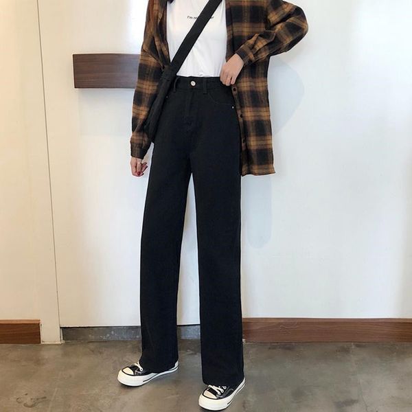 

white for women boyfriend loose high waist straight mom jeans office ladies casual wide leg denim pants female streetwear, Blue