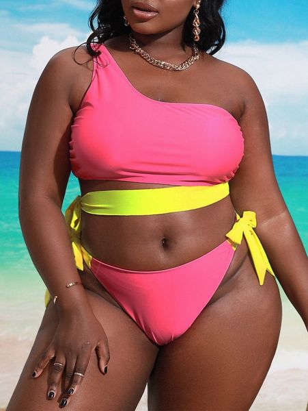 

plus one shoulder knot side bikini swimsuit a1h3#, Black