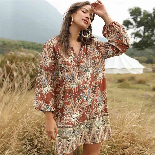 

ladies summer bohemian print v neck dress women new causal lantern sleeve oversize dress 210413, Black;gray