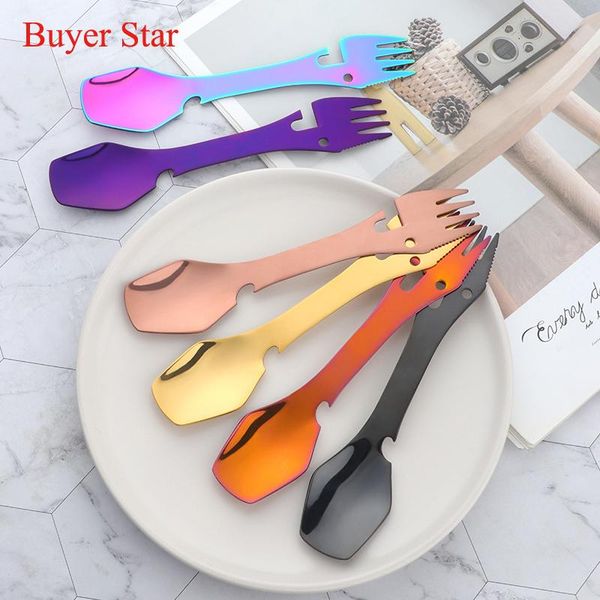 

flatware sets multifunctional camping tableware stainless steel cutlery set serving spoon fork knife kit metal bottle opener for outdoo