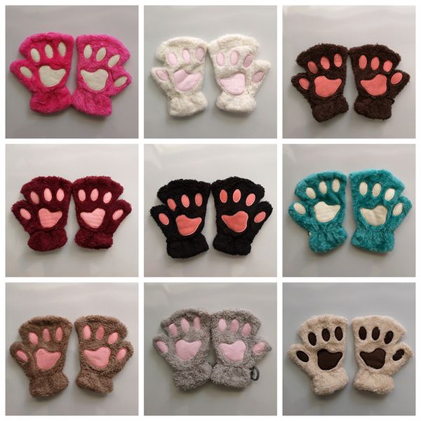 

1 pair lovely winter gloves cute plush warm mittens cat paw short fingerless gloves half finger gloves for women ladies girls rra2109, White