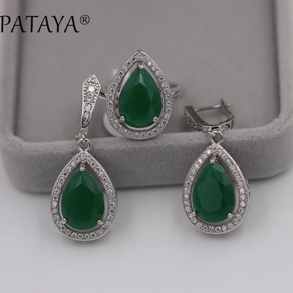 

jewelry sets pataya true white gold aaa green water drop natural zircon earrings ring set women romantic wedding party, Black