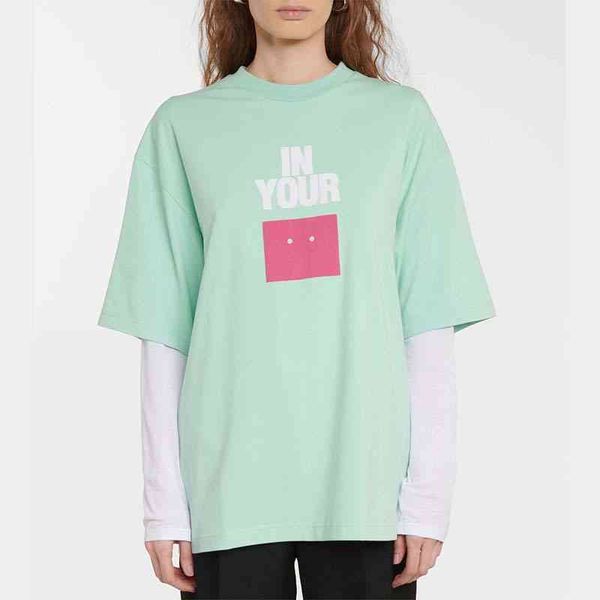 

designer acne brand ac nordic 22 summer green pullover letter foam printed cotton half sleeve women's smiling face casual short, White;black