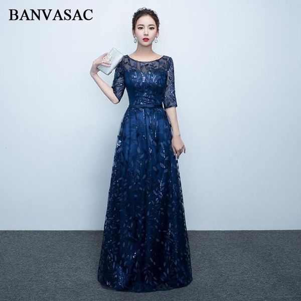 

party dresses banvasac 2021 o neck sequined appliques a line lace long evening illusion half sleeve bow sash prom gowns, White;black
