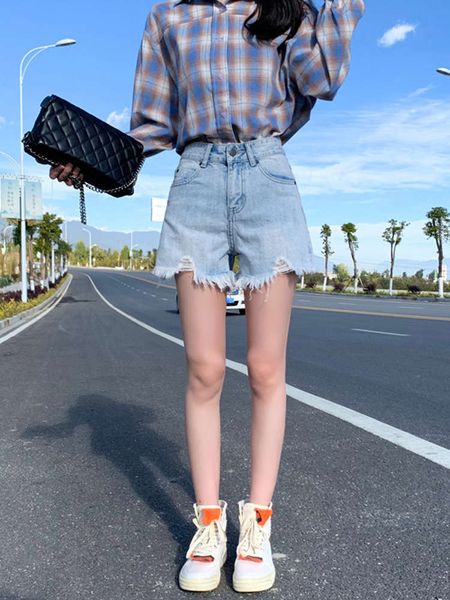 

women's jeans summer 2021 light color versatile high waist denim shorts a-line wide leg show thin loose large pants trend gzwq, Blue