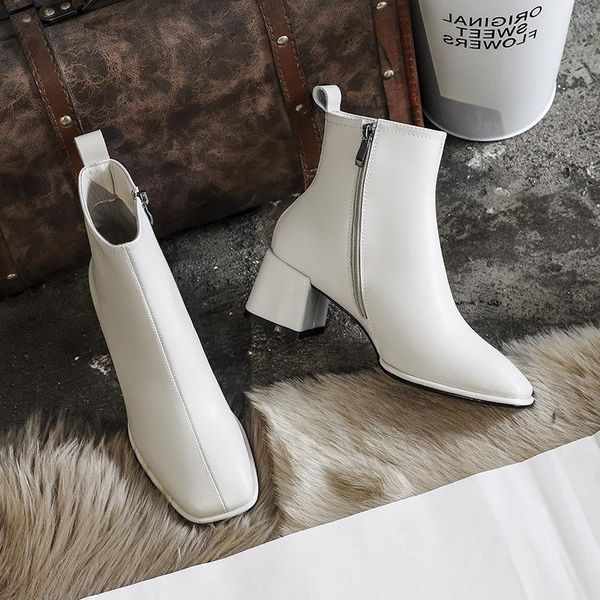 

boots temperament medium heel british style simple low rise fashion short square head thick women's leather, Black