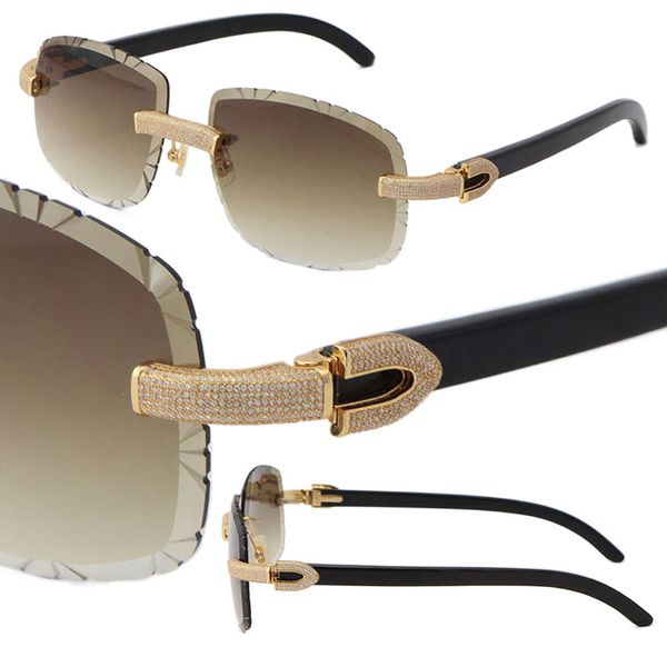 2022 New Metal Micro-paved Diamond set Rimless Sunglasses Original Black Buffalo Horn Sun glasses Male and Female Frame 18K Gold UV400 Large Square Lens Eyeglasses