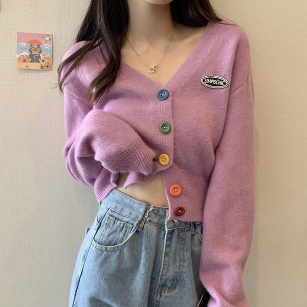 

knits autumn v-neck short sweater women's coat slim and gentle style knitted crop cardigan, White