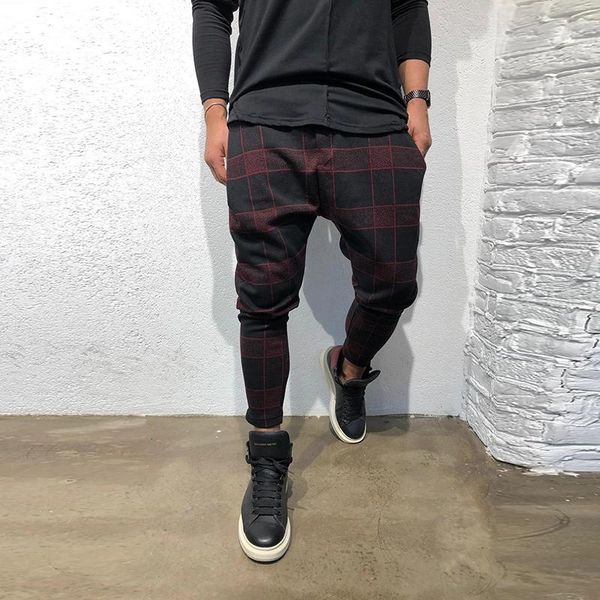

men's pants fashion lace-up mid waist slim track 2021 summer casual for men plaid printed mens gradient pencil pant streetwear, Black