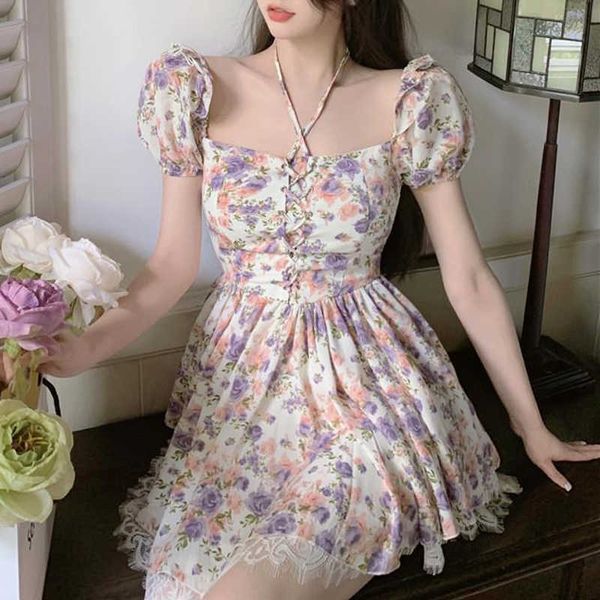 

casual dresses sleeve french vintage summer es women bandage mini elegant floral females party korean style gqvt, Black;gray