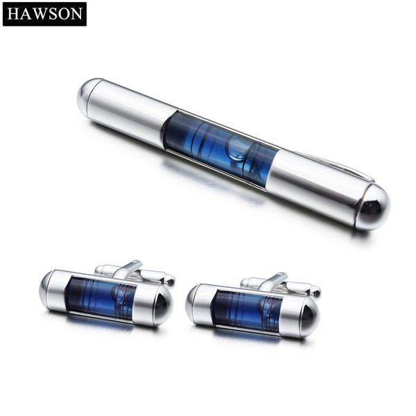 

novelty blue level cufflinks tie clip set mens in box air bubble cylinder cuff links, Silver