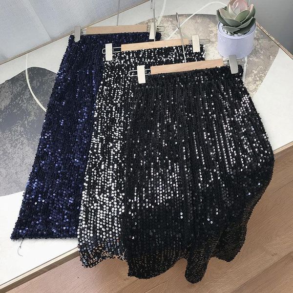 

skirts skirt 2021 sequin mid length elastic waist fashion korean winter k#10, Black