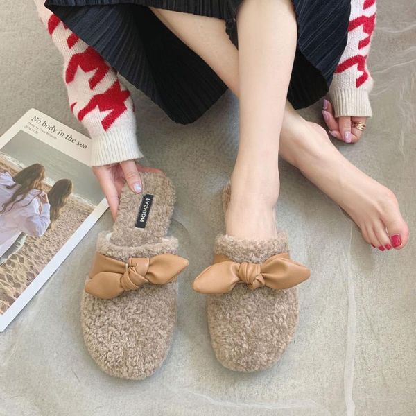 

slippers closed toe outside butterfly-knot winter women fur flat with shoes sweet concise solid slides, Black