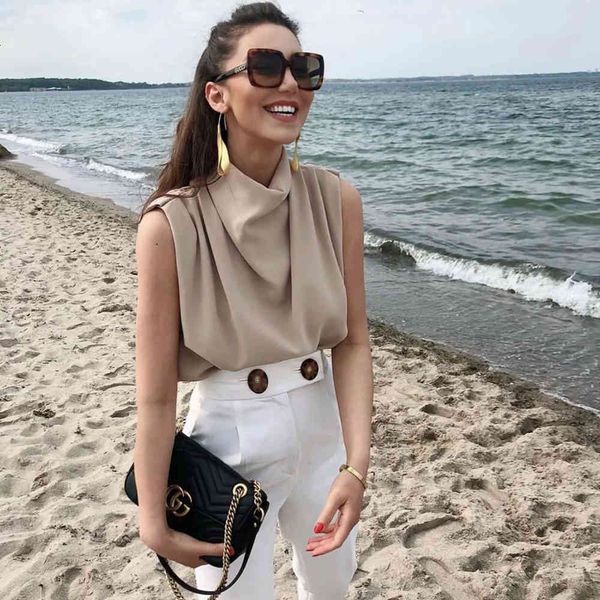 

polo 2021 women pleated sleeveless high neck pullover casual woman femme t- shirts ropa mujer, White