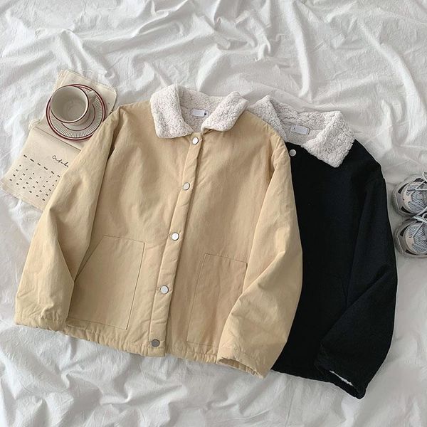 

women's down & parkas cashmere loose jacket winter clothing korean solid color versatile lapel casual cotton padded cost, Black