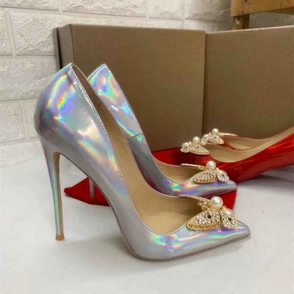 

casual designer lady fashion women shoes silver patent leather bow-knot crystal pointy toe stiletto stripper high heels prom evening pumps l, Black