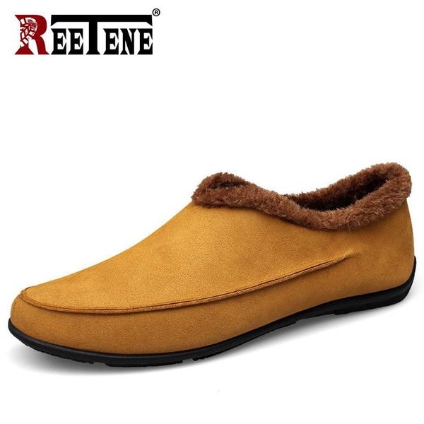 

boots reetene winter leather shoes men super comfort male loafers mens ankle with fur flats driving moccasins, Black