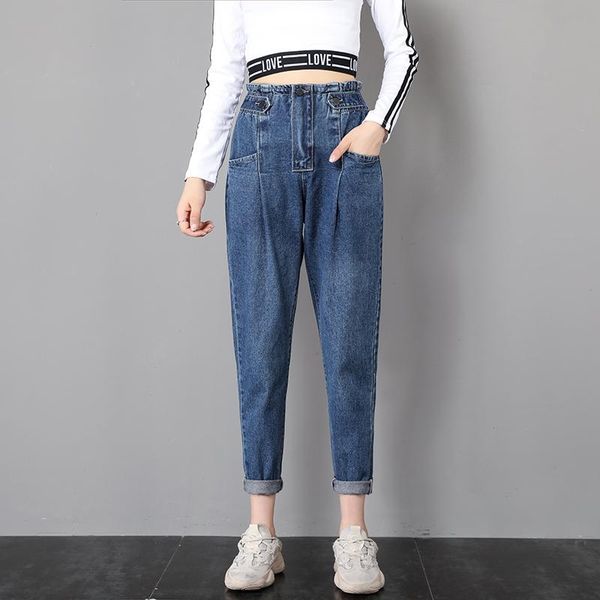 

women solid elastic waist jeans button long length casual denim pants ladies plus size pocket straight trousers vaqueros mujer women's, Blue