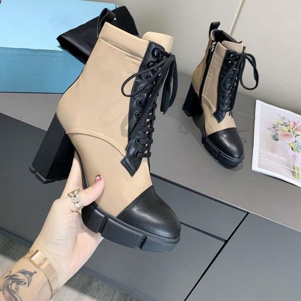 

boots 2021 women ankle genuine leather high heel chunky round toe lace up brand designer pure color comfortable, Black