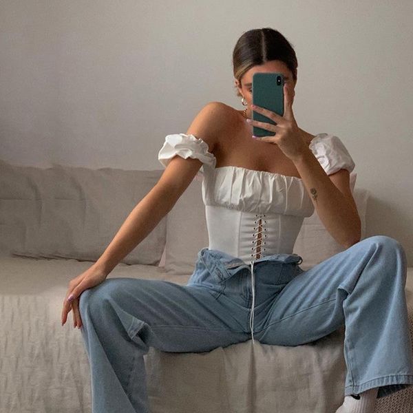 

women's t-shirt women front tie up bodycon t shirt ladies elegant white puff sleeve ruffled slim fit streetwear clubwear