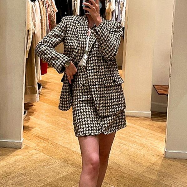 

women's suits & blazers 2021 winter office ladies jacket vintage houndstooth french brand elegant long-sleeved women, White;black
