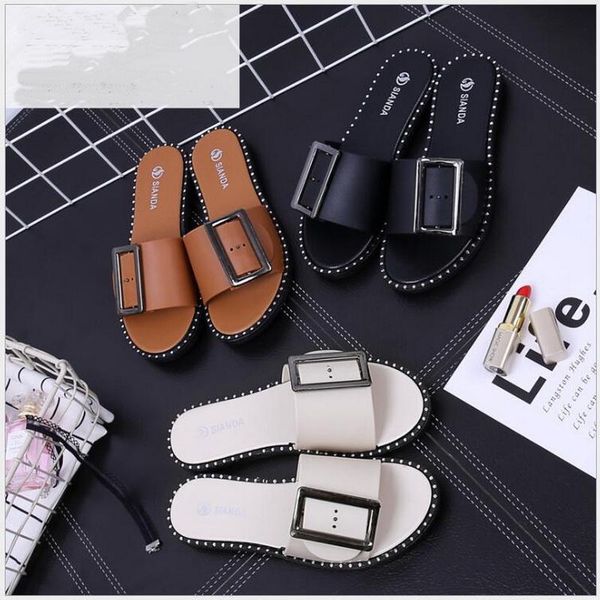 

women slippers flip flops peep toe sandals square buckle flat comfortable summer, Black