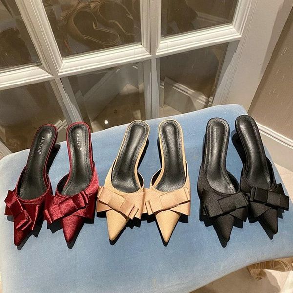 

luxury satin bow design women slippers 2021 pointed toe small heels mules shoes woman summer slides dress sx4455, Black