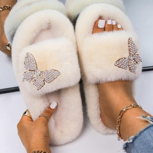 

slippers fluffy sandals cozy female rhinestone pearl butterfly furry flip flops platform faux fur slides luxury designer shoes, Black