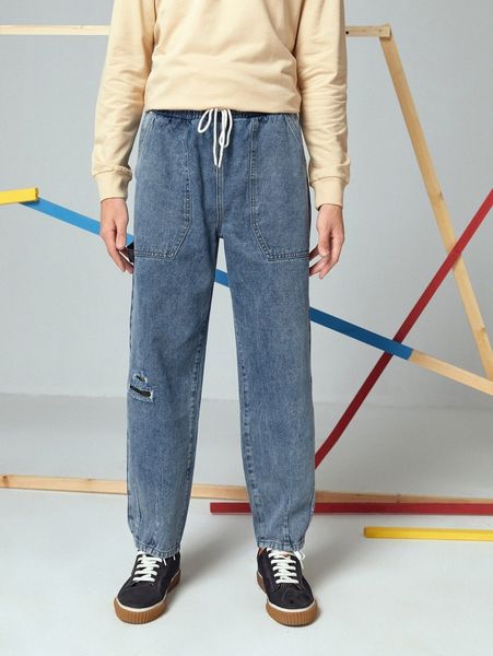 

men drawstring waist patched jeans e4z6#, Blue