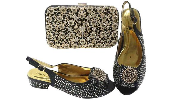 

21 summer short heel fish mouth sandals with rhinestone bag wind dinner wedding set large, Black