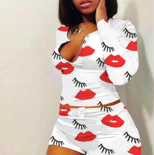 

workout playsuit 2020 nightwear button skinny print long sleeve and shorts 2 piece set v-neck women plus size tracksuit ly137, Black