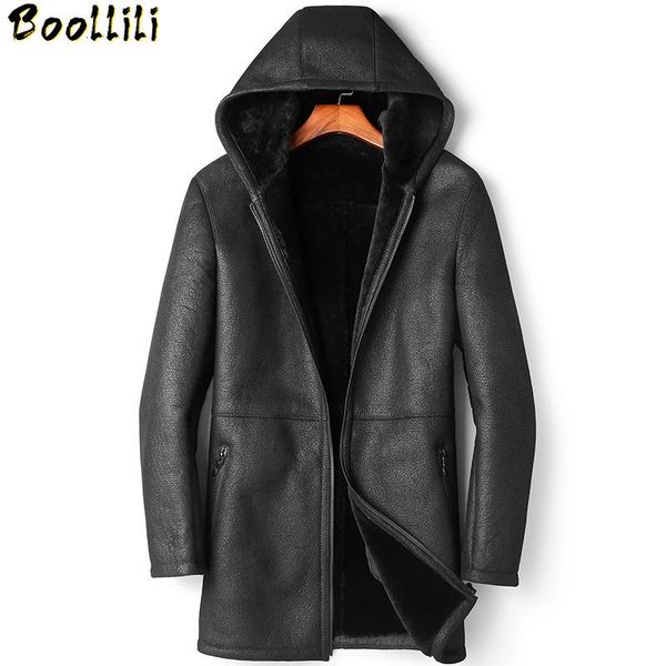 

men's leather & faux boollili shearling sheepskin coat winter genuine jacket men natural wool fur long luxury jackets, Black
