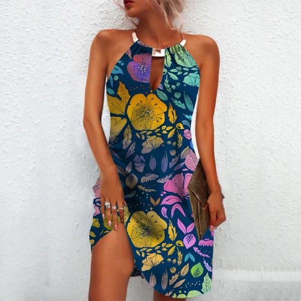 

women's tanks & camis fashion summer casual metal hanging neck printed strapless dress elegant female vestidos woman 2021, White