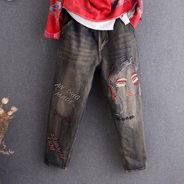 

women's jeans national wind cartoon embroidery patch elastic waist women hip hop oversized denim harem trousers boyfriend ripped, Blue