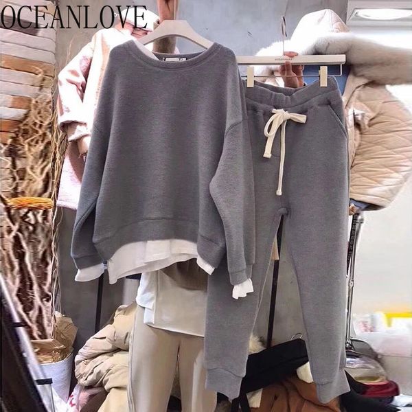 

korean autumn winter two piece set women hoodies+ sweatpants fashion ropa de mujer casual outfits female 18171 210415, White