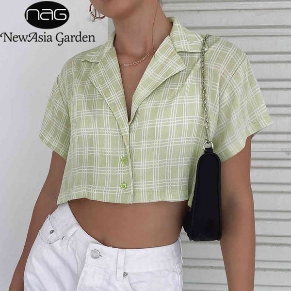 

newasia plaid blouses women vintage notched loose casual womens summer streetwear short sleeve single breasted blusas 210413, White