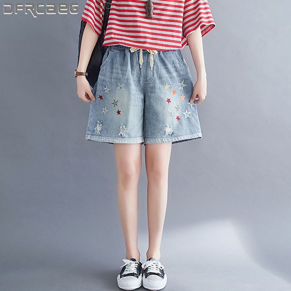 

women's shorts plus size high waist drawstring loose denim women summer star embroidery hole pockets short jeans bermuda femme ut6, White;black