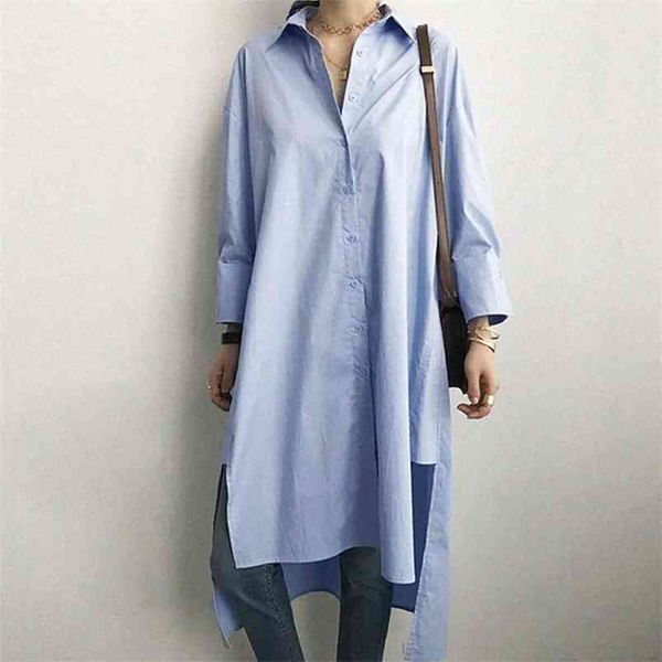 

arrival spring korea fashion women turn-down collar loose casual shirts dress side split asymmetry long white blouse v211 210512