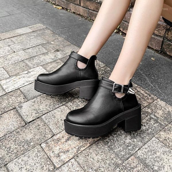 

boots womens short boots gothic style buckle strap round toe women fall shoes chunky heel ankle heels platform shoe yma9091 c96q, Black
