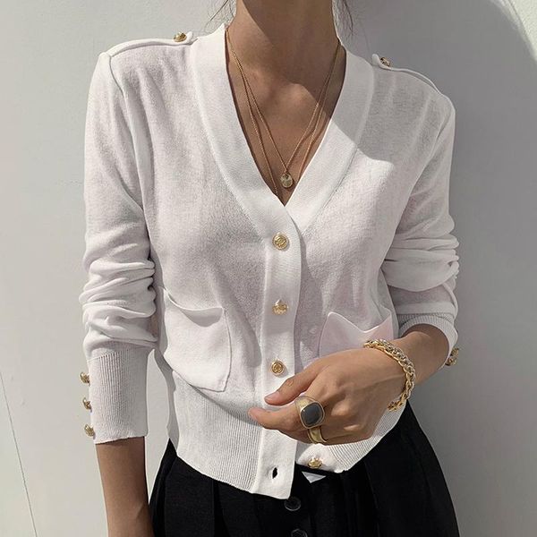 

women's knits & tees elegant v-neck chic metal buckle double pocket sweaters women loose long sleeve knitted cardigans korean style off, White