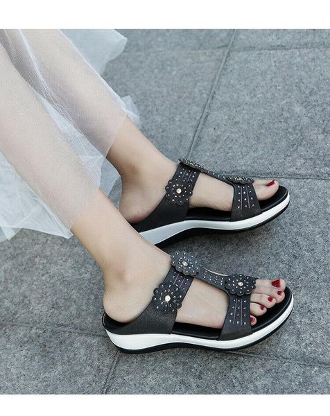

summer fashion women rhinestone flower middle heeled slippers wedge sling back ladies shoes indoor outdoor, Black