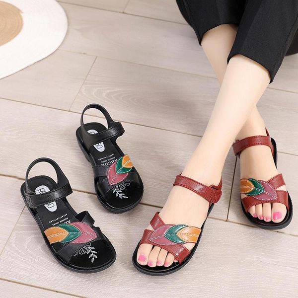

women sandals soft three color stitching ladies comfortable flat open toe beach shoes woman footwear, Black