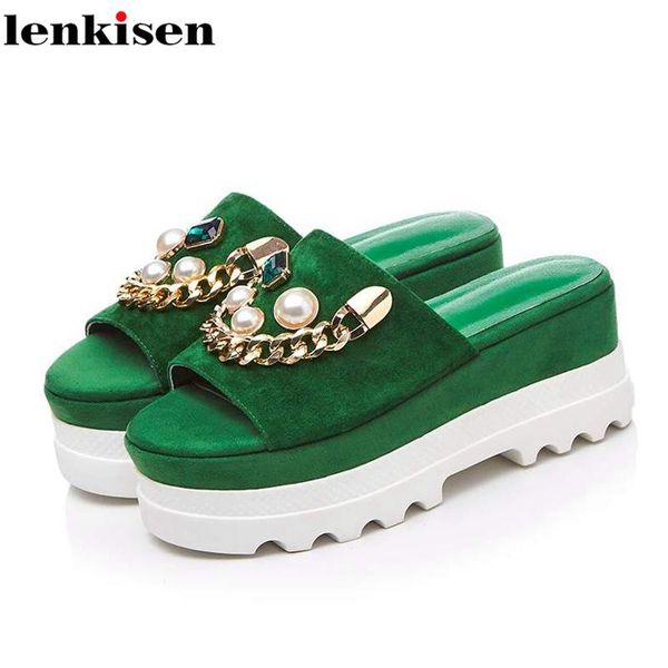 

lenkisen 2021 sheep suede peep toe pearl diamond crystal metal chains decoration thick bottom wdeges sweet women sandals l17, Black