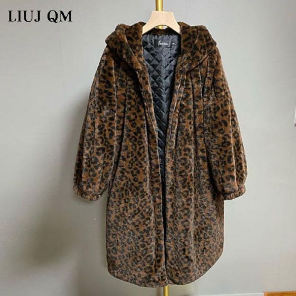 

women's fur & faux 2021 hooded leopard coat winter parka women loose large size thick warm zipper overcoat long jacket, Black