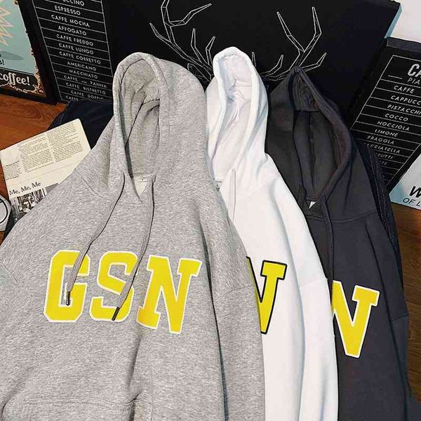 

2021 new simple letter printed sweater large loose student men's versatile hooded terry top, Black