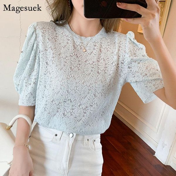 

women's blouses & shirts hollow out beading lace women bubble short sleeve loose and korean summer shirt bottom female 13830, White